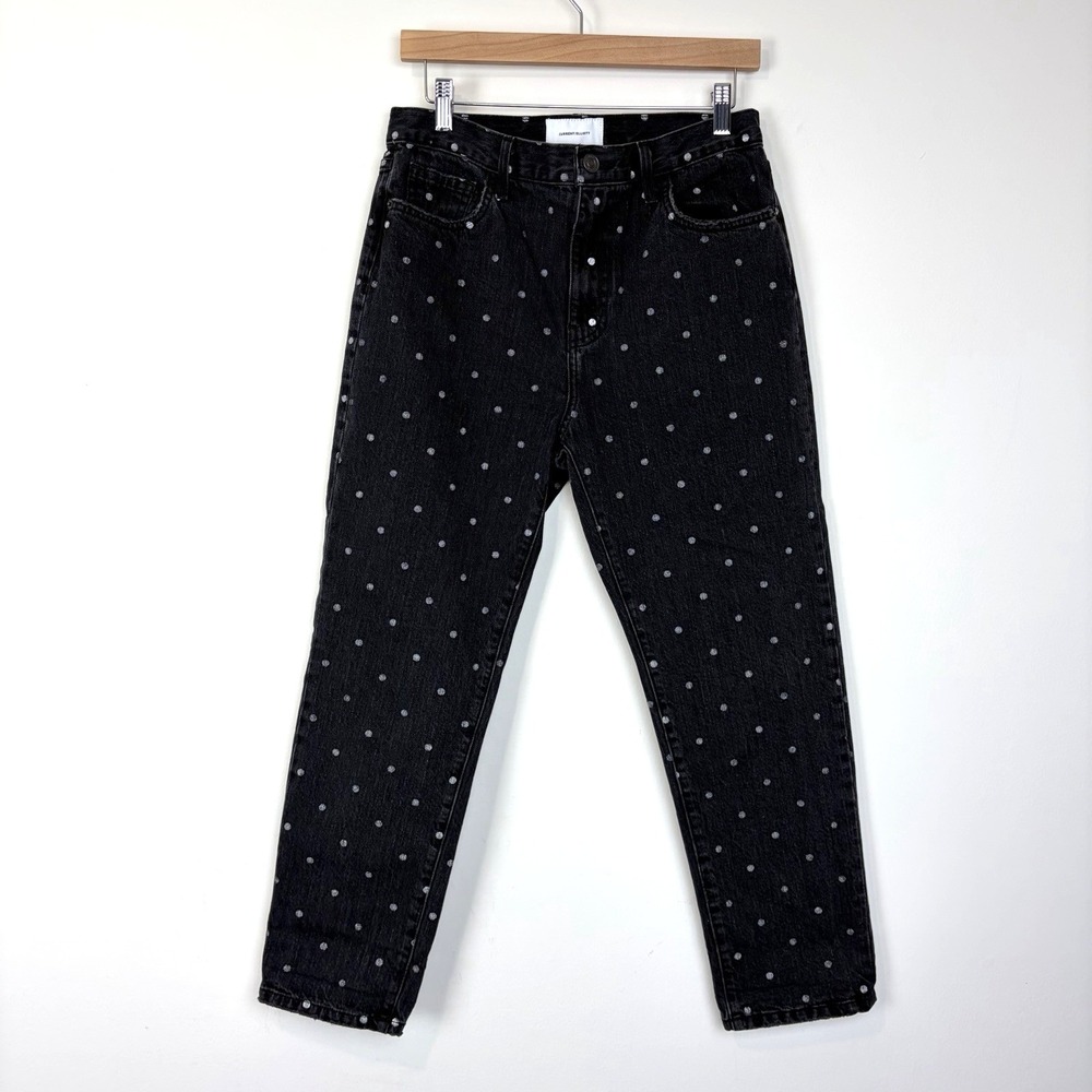 Current/Elliott The Vintage Cropped Hem Jeans Black Polka Dot Size 29 Distressed